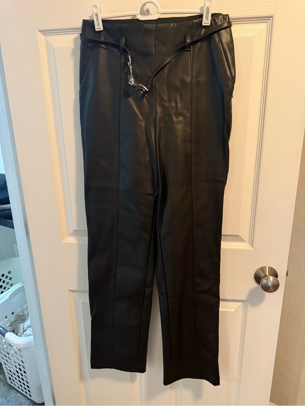 Leather ankle straight leg pants